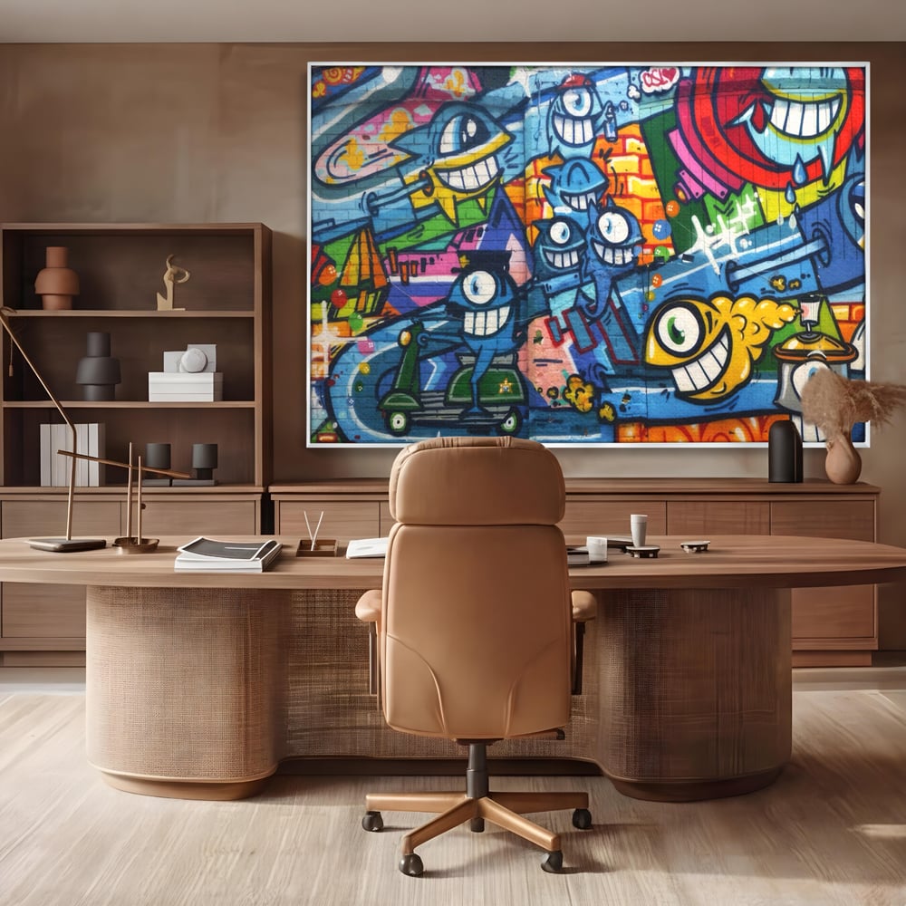 Tablou canvas cu tablou canvas cu graffiti urban si personaje, in rama de aluminiu argintiu, pe perete intr-un birou